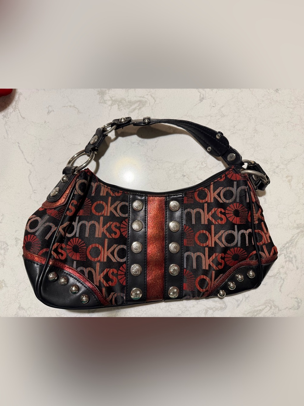 AKDMKS Black and Red Logo Studded Shoulder Bag